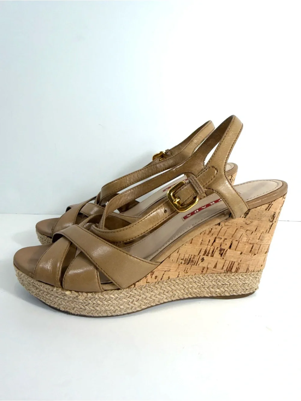 Prada Leather Cork Espadrille Wedge Sandals EU 39 US 9 Tan Slingback Italy